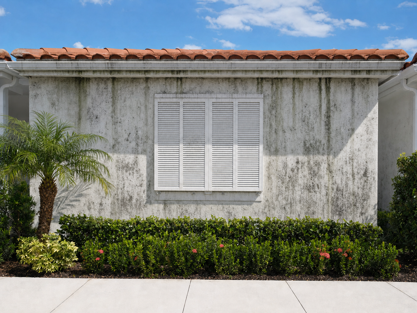 Dirty stucco house wall with mold and algae stains before washing