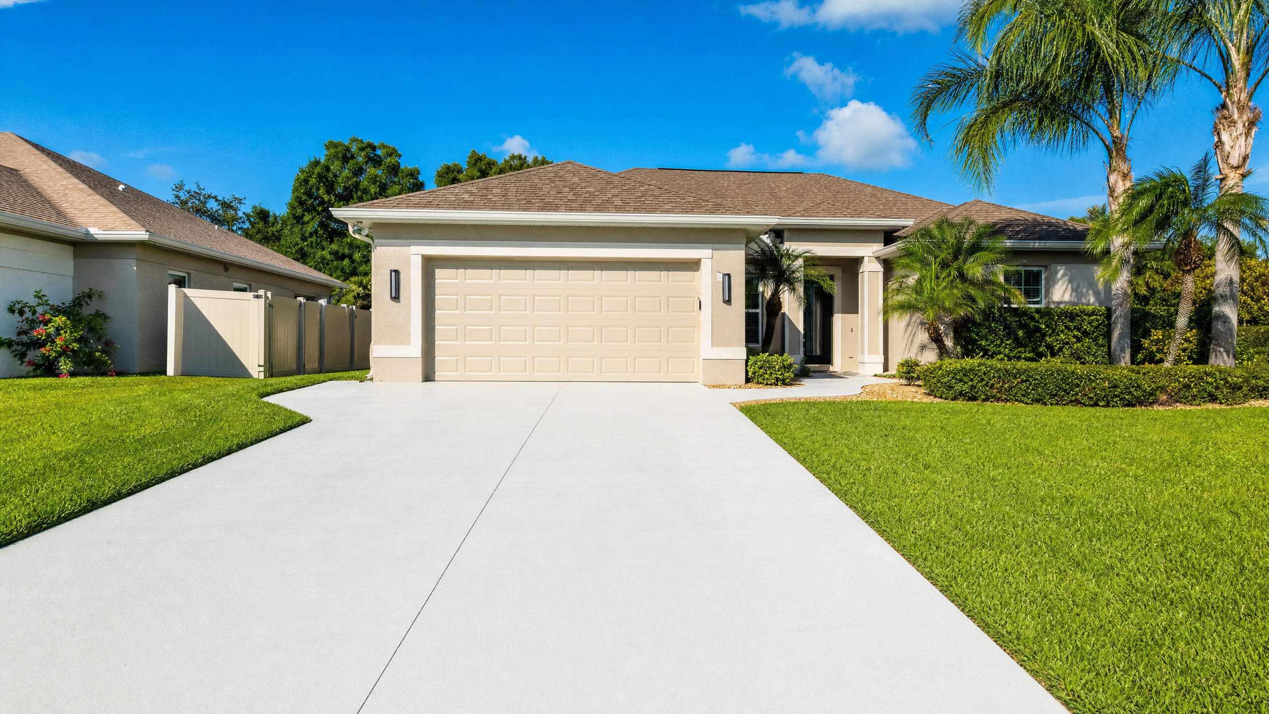 Same Florida concrete driveway after professional pressure washing showing clean, bright concrete