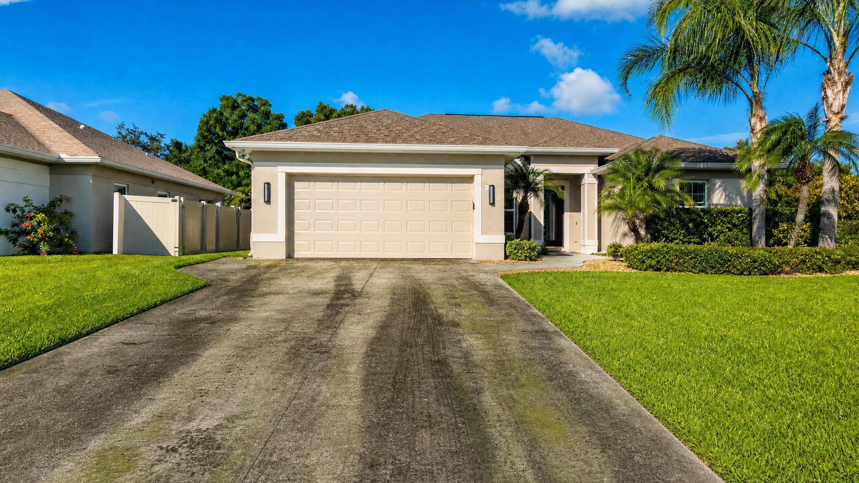 Florida concrete driveway covered in dark stains, mold, tire marks, and dirt before professional pressure washing