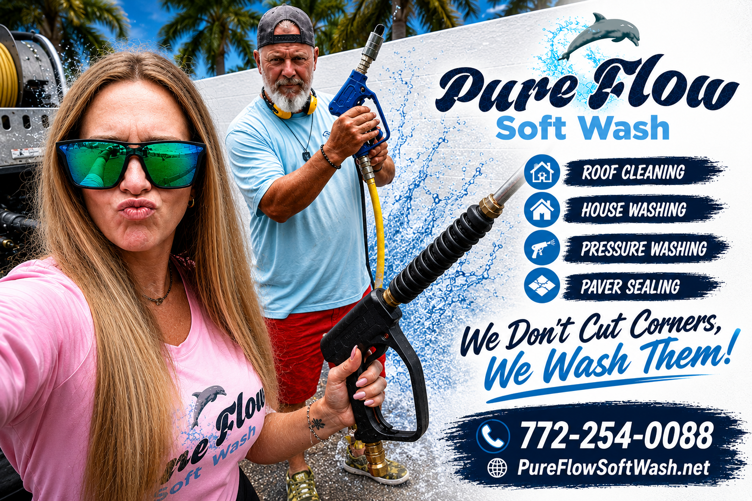 Pure Flow Soft Wash local team with professional soft washing equipment and roof cleaning, house washing, pressure washing, and paver sealing services