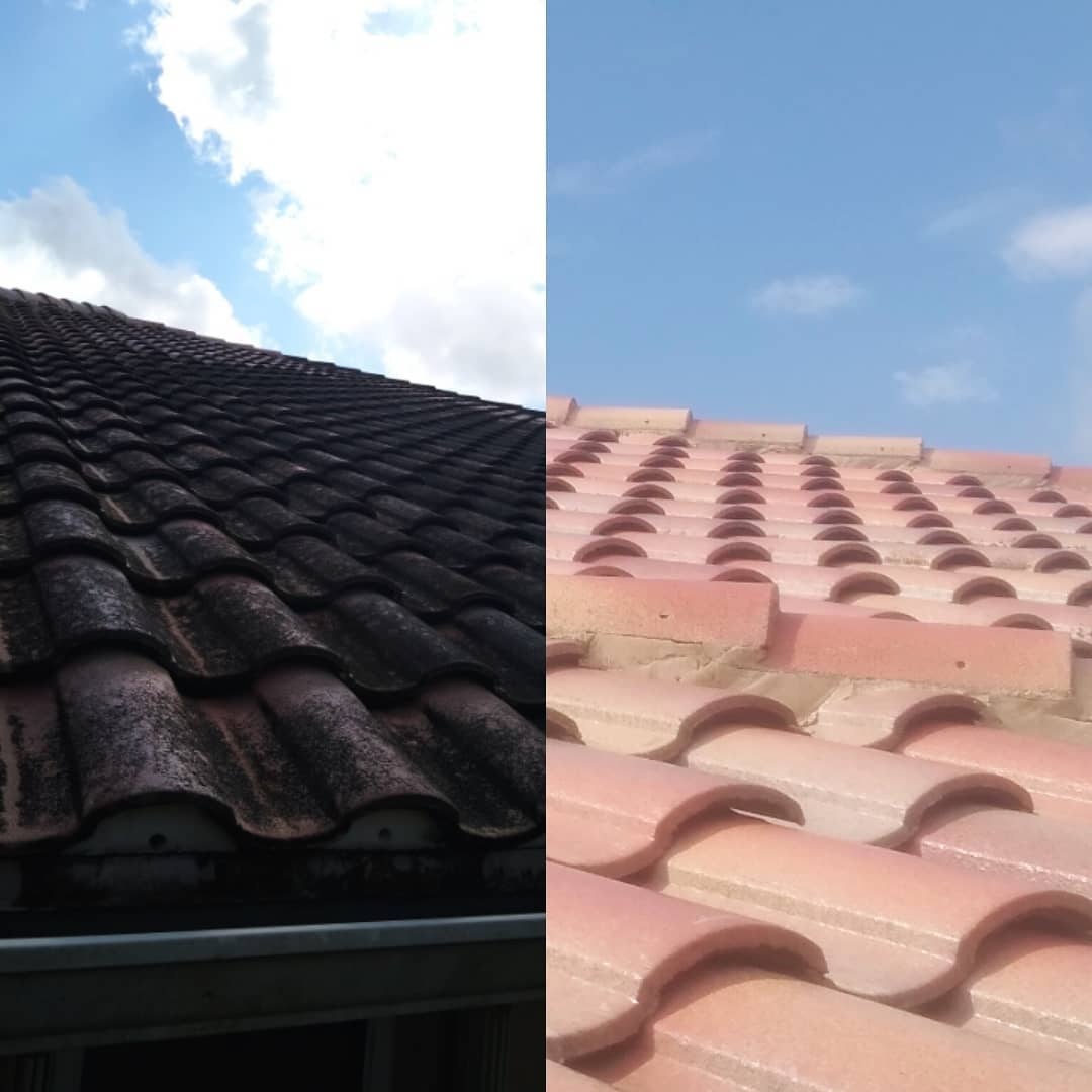 Original Pure Flow Soft Wash Instagram roof-cleaning comparison showing stained and cleaned tile roof sections