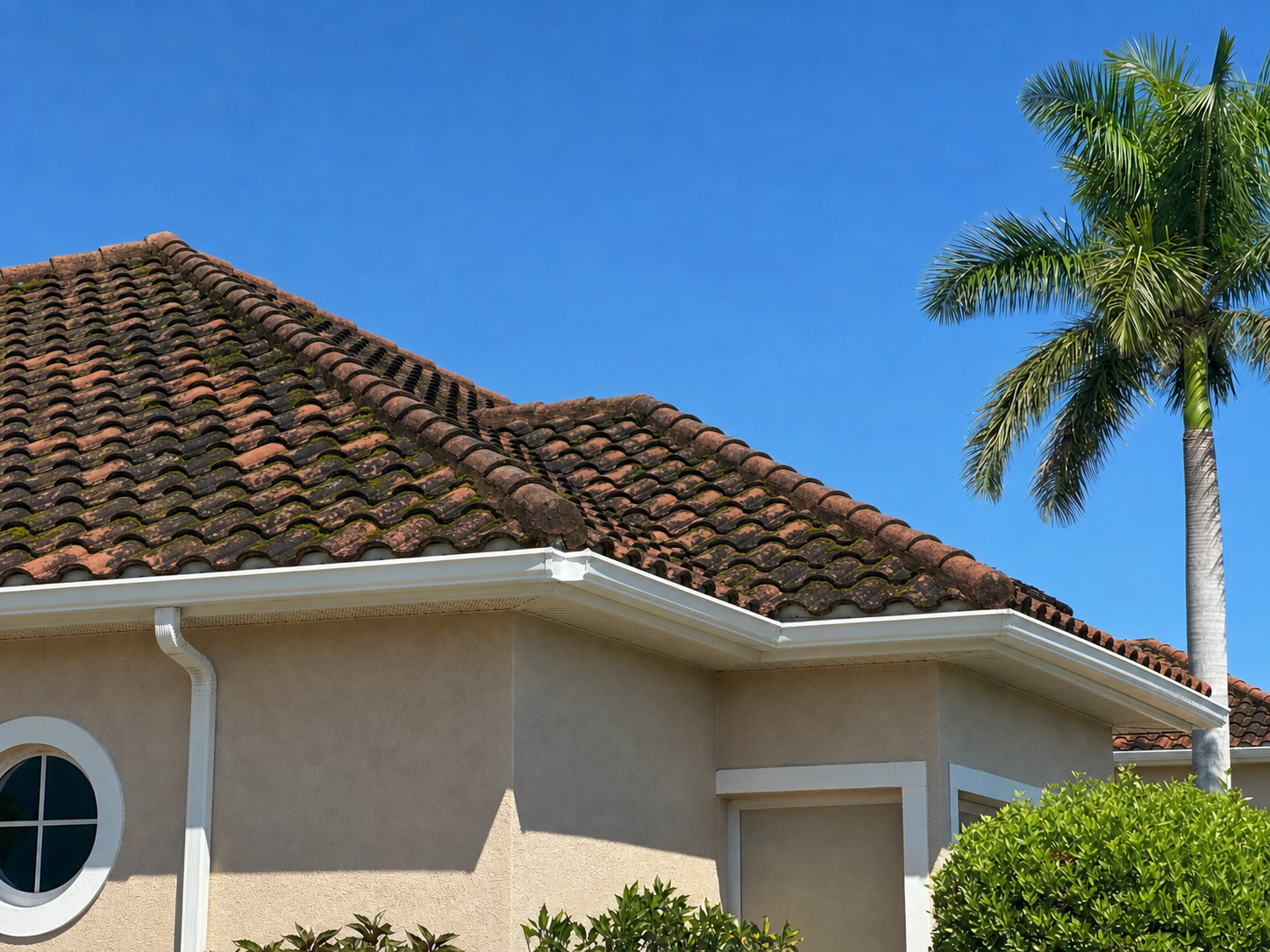 Dirty Florida roof covered in algae and moss before soft washing