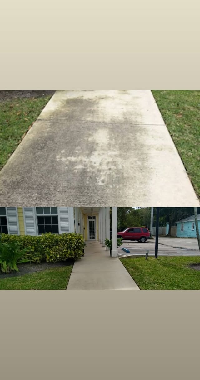 Original Pure Flow Soft Wash Instagram before-and-after post showing a stained concrete walkway above and the cleaned walkway below